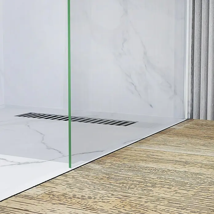 Artysan Mampara de ducha fija Horizon - An x Al: 80 x 195 cm, Cromado, Cromo - Cabina de ducha con desagüe elegante y efecto mármol, combinada con un cálido suelo de madera. Diseño de baño moderno para un ambiente lujoso.