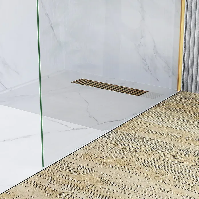 Artysan Mampara de ducha fija Horizon - An x Al: 110 x 195 cm, Oro - Área de ducha con baldosas de mármol y una elegante rejilla de desagüe. Diseño moderno de baño con líneas limpias y materiales de calidad.
