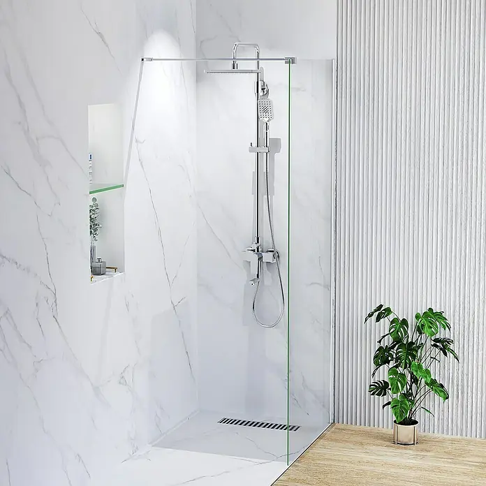 Artysan Mampara de ducha fija Horizon - An x Al: 80 x 195 cm, Cromado, Cromo - Moderna ducha a ras de suelo con paredes de mármol y separación de vidrio, ideal para un baño elegante.