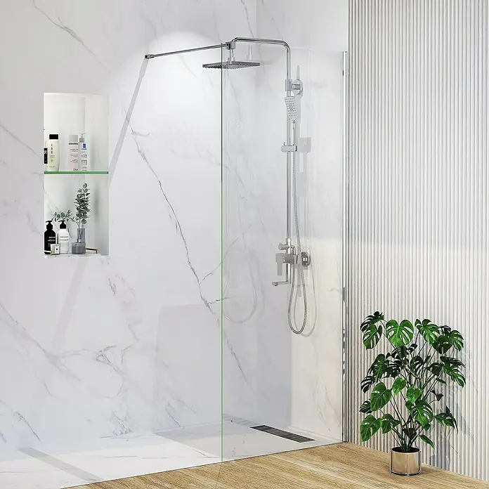 Artysan Mampara de ducha fija Horizon - An x Al: 90 x 195 cm, Cromado, Cromo - Elegante ducha con paredes de mármol y mampara de vidrio, elegante cabezal de ducha y espacio de almacenamiento.