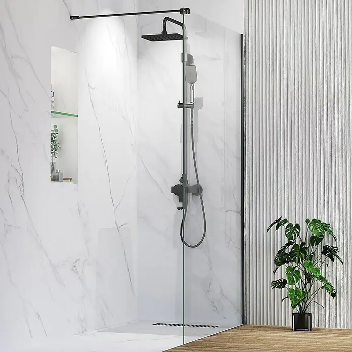 Artysan Mampara de ducha fija Horizon - An x Al: 70 x 195 cm, Negro - Cabina de ducha moderna con un conjunto de accesorios negros y vidrio transparente, que muestra un diseño de baño minimalista y elegante.