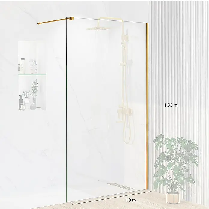 Artysan Mampara de ducha fija Horizon - An x Al: 100 x 195 cm, Oro - Imagen de una moderna zona de ducha con una elegante mampara de vidrio y detalles dorados, mostrando un diseño de baño elegante.
