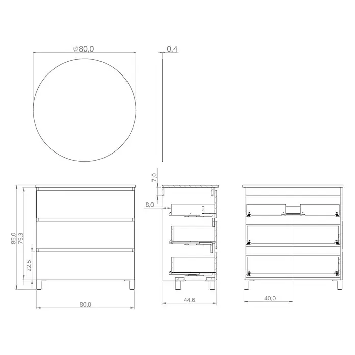 Artysan Conjunto de mueble de baño Osaka 3C - Ancho: 80 cm, Negro/Nogal, 3 pzs. - Esquema de un mueble de lavabo con tres cajones y un espejo redondo.