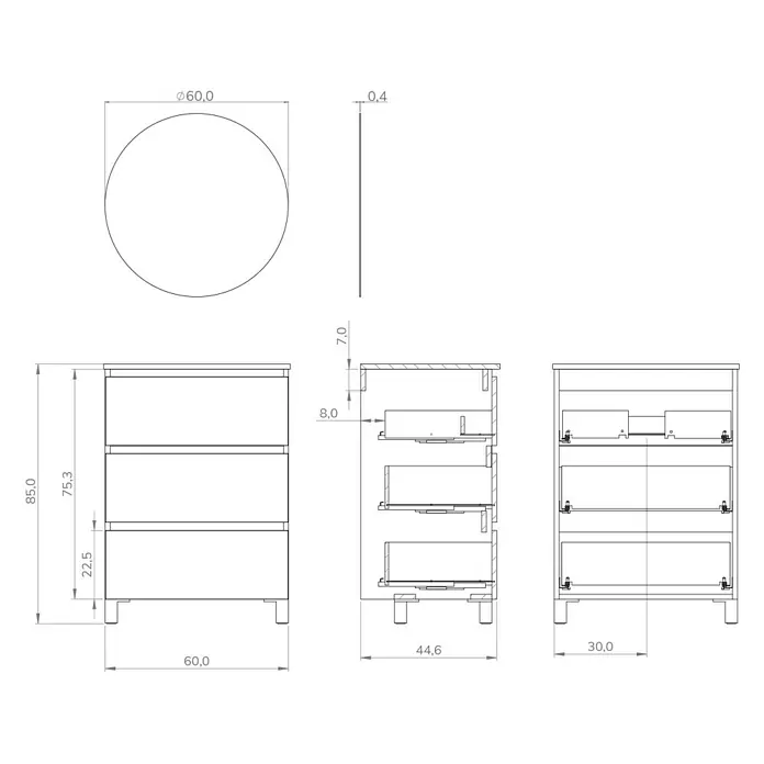 Artysan Conjunto de mueble de baño Osaka 3C - Ancho: 60 cm, Negro/Nogal, 3 pzs. - Dibujo técnico de un mueble de baño con tres cajones y espejo redondo, incluyendo dimensiones para diseño y construcción.