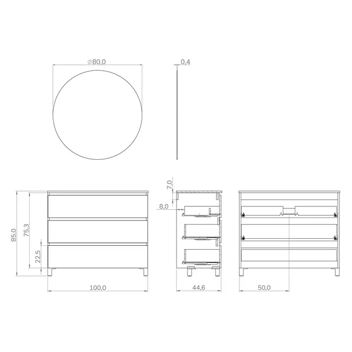 Artysan Conjunto de mueble de baño Osaka 3C - Ancho: 100 cm, Negro/Nogal, 3 pzs. - Se muestra una vista de tres lados de un mueble de baño con cajones y un espejo redondo.