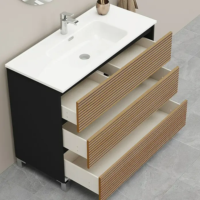 Artysan Conjunto de mueble de baño Osaka 3C - Ancho: 100 cm, Negro/Nogal, 3 pzs. - Este moderno tocador blanco y negro con cajones de madera ofrece un almacenamiento elegante para cualquier baño.