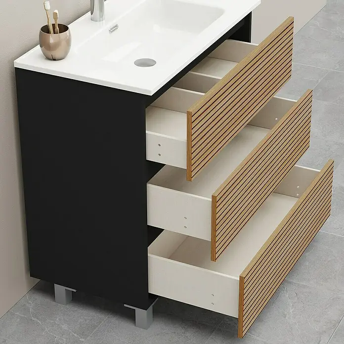 Artysan Conjunto de mueble de baño Osaka 3C - Ancho: 80 cm, Negro/Nogal, 3 pzs. - Moderno mueble de baño con cajones abiertos y un elegante diseño con aspecto de madera. Un atractivo elegante para cualquier baño.