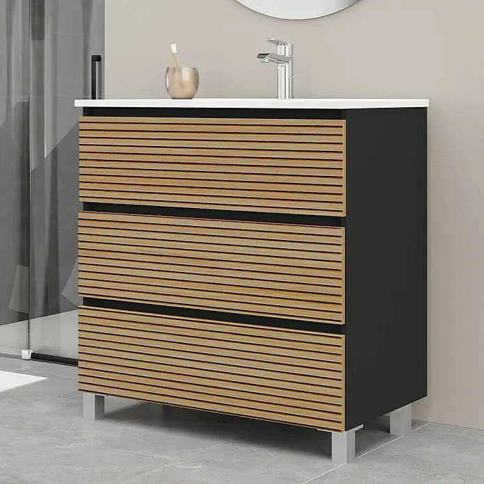 Artysan Conjunto de mueble de baño Osaka 3C - Ancho: 80 cm, Negro/Nogal, 3 pzs. - Elegante diseño de mueble de baño con tres cajones de aspecto madera y marco negro moderno para una decoración de baño con estilo.