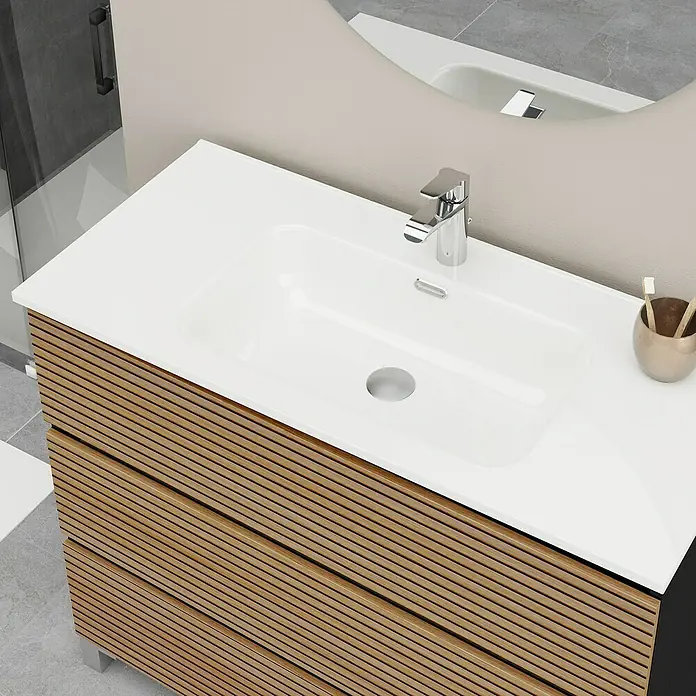 Artysan Conjunto de mueble de baño Osaka 3C - Ancho: 100 cm, Negro/Nogal, 3 pzs. - Mueble de baño elegante con un mueble de madera listonada rematado con una encimera blanca y lavabo integrado.