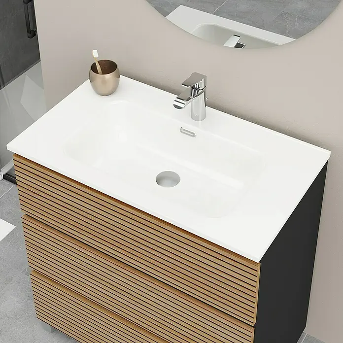 Artysan Conjunto de mueble de baño Osaka 3C - Ancho: 80 cm, Negro/Nogal, 3 pzs. - Un mueble de baño con frente de listones de madera y un lavabo blanco moderno con grifo.