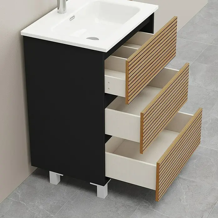 Artysan Conjunto de mueble de baño Osaka 3C - Ancho: 60 cm, Negro/Nogal, 3 pzs. - Un moderno mueble de baño negro con tres cajones abiertos y una encimera blanca con lavabo.