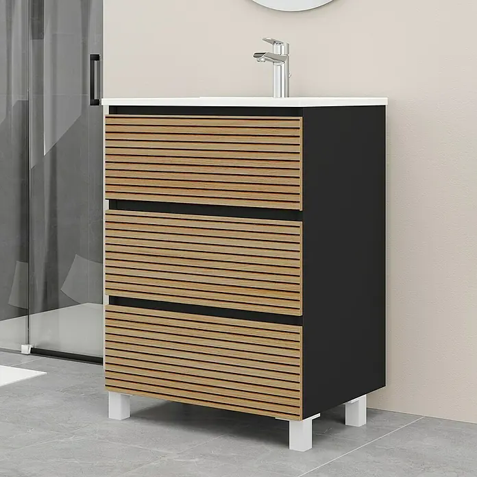 Artysan Conjunto de mueble de baño Osaka 3C - Ancho: 60 cm, Negro/Nogal, 3 pzs. - Lavabo moderno de baño con tres cajones y una elegante estructura de madera para un ambiente elegante.