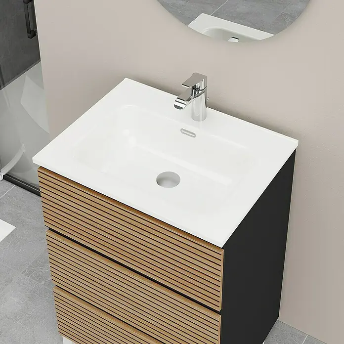 Artysan Conjunto de mueble de baño Osaka 3C - Ancho: 60 cm, Negro/Nogal, 3 pzs. - La imagen muestra un mueble de baño con un lavabo blanco y un frente de madera. El mueble tiene un diseño moderno.