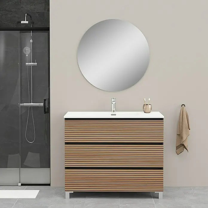 Artysan Conjunto de mueble de baño Osaka 3C - Ancho: 100 cm, Negro/Nogal, 3 pzs. - Mueble de baño con lavabo y espejo. El diseño moderno presenta un armario de madera y una superficie de espejo redonda.