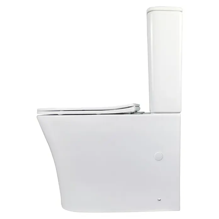 Artysan Pack de WC Inter 1 - Sin borde de descarga, Salida dual, Blanco - Vista lateral de un inodoro blanco con cisterna oculta y tapa cerrada sobre un fondo negro.