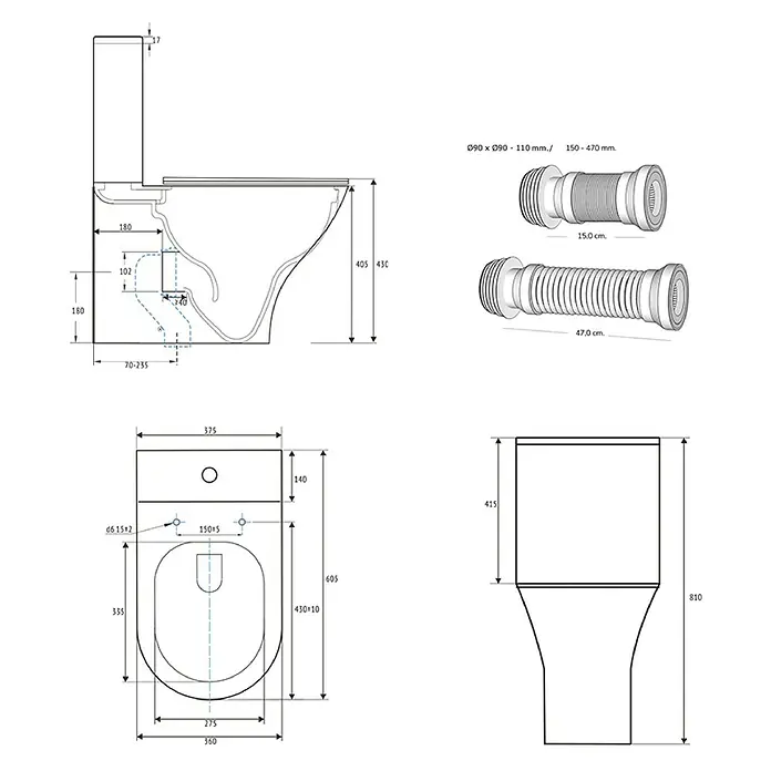 Artysan Pack de WC Inter 1 - Sin borde de descarga, Salida dual, Blanco - Dibujo técnico de un juego de inodoro con todas las dimensiones para la instalación.