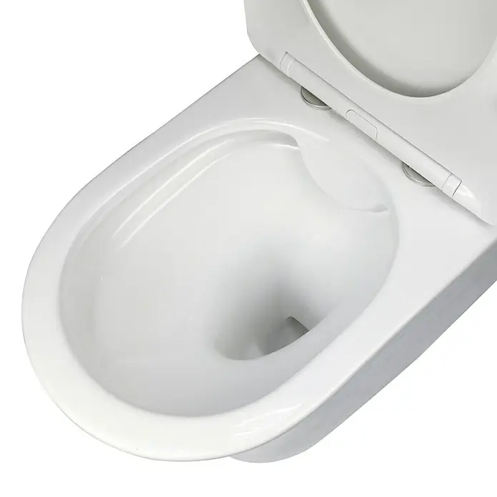 Artysan Pack de WC Inter 1 - Sin borde de descarga, Salida dual, Blanco - Primer plano de un inodoro blanco con tapa ligeramente abierta, mostrando el interior limpio.