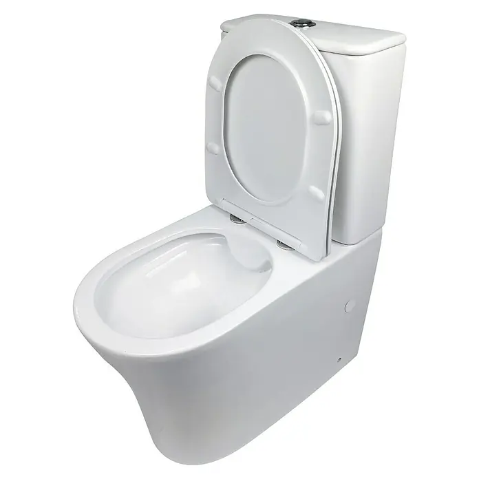 Artysan Pack de WC Inter 1 - Sin borde de descarga, Salida dual, Blanco - Primer plano de un inodoro moderno blanco con la tapa abierta, perfecto para accesorios de baño y sanitarios.