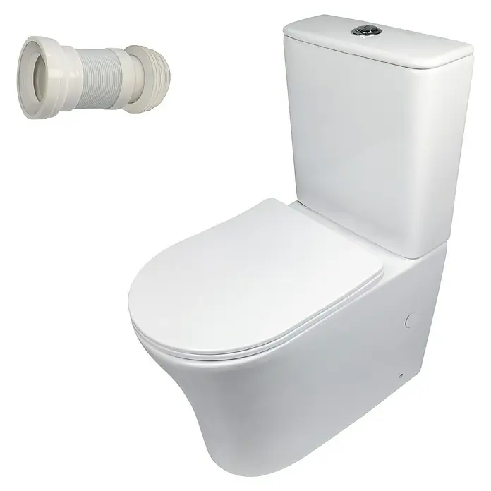 Artysan Pack de WC Inter 1 - Sin borde de descarga, Salida dual, Blanco - Esta imagen muestra un inodoro blanco moderno con cisterna y un tubo de desagüe flexible, perfecto para renovaciones de baños y nuevas construcciones.