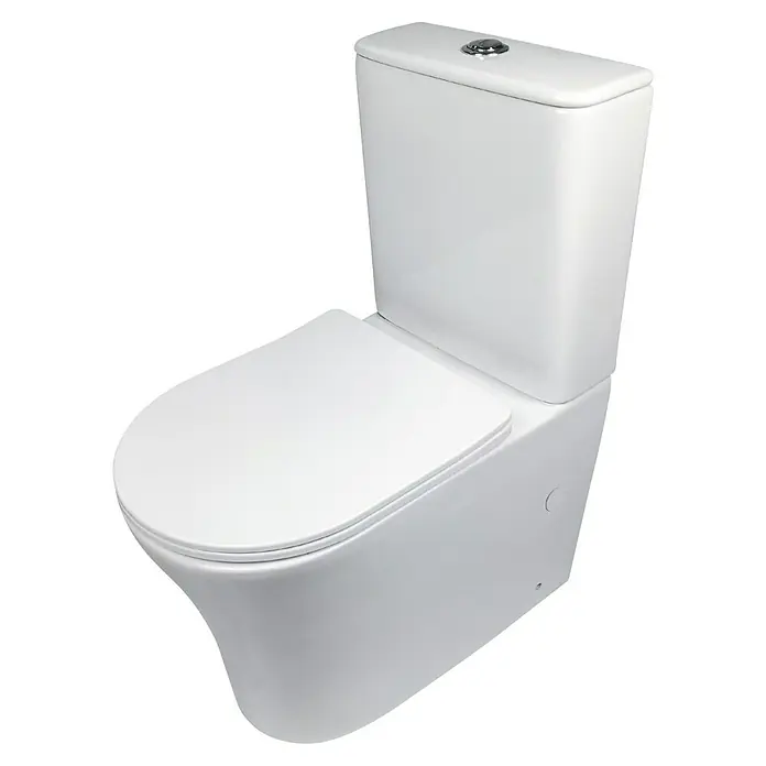 Artysan Pack de WC Inter 1 - Sin borde de descarga, Salida dual, Blanco - Primer plano de un inodoro blanco con cisterna, que muestra un diseño moderno y limpio para baños.