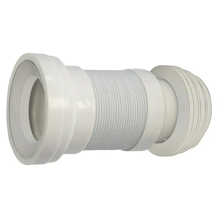 Artysan Pack de WC Inter 1 - Sin borde de descarga, Salida dual, Blanco - Esta imagen muestra un conector de inodoro blanco y flexible con varios anillos de sellado, diseñado para instalaciones de fontanería.