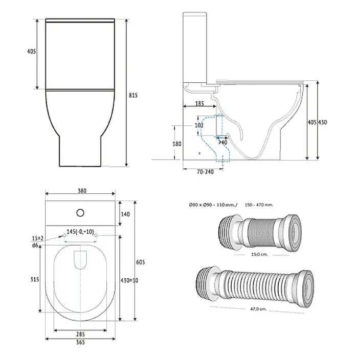 Artysan Pack de WC Inter 2 - Sin borde de descarga, Salida dual, Blanco - Representación esquemática de un inodoro con todas las dimensiones, incluyendo un conector flexible.
