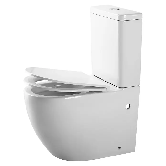 Artysan Pack de WC Inter 3 - Sin borde de descarga, Salida dual, Blanco - Un primer plano de un inodoro blanco con la tapa abierta sobre un fondo negro. Diseño elegante para baños modernos.
