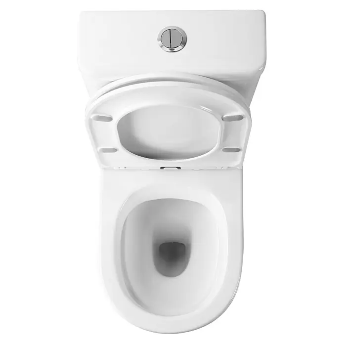 Artysan Pack de WC Inter 3 - Sin borde de descarga, Salida dual, Blanco - Vista superior de un inodoro blanco moderno con tapa abierta y botón de descarga cromado. Diseño elegante para cualquier baño.