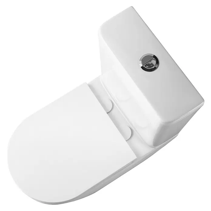Artysan Pack de WC Inter 3 - Sin borde de descarga, Salida dual, Blanco - Primer plano de un inodoro blanco con tapa cerrada y botón de descarga plateado en la cisterna.