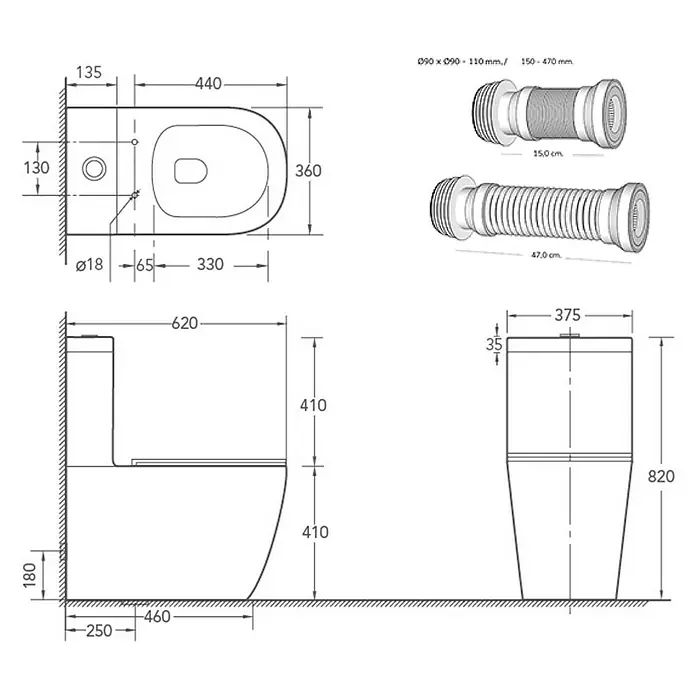 Artysan Pack de WC Inter 3 - Sin borde de descarga, Salida dual, Blanco - Dibujo técnico de un inodoro, que muestra todas las dimensiones para la instalación.