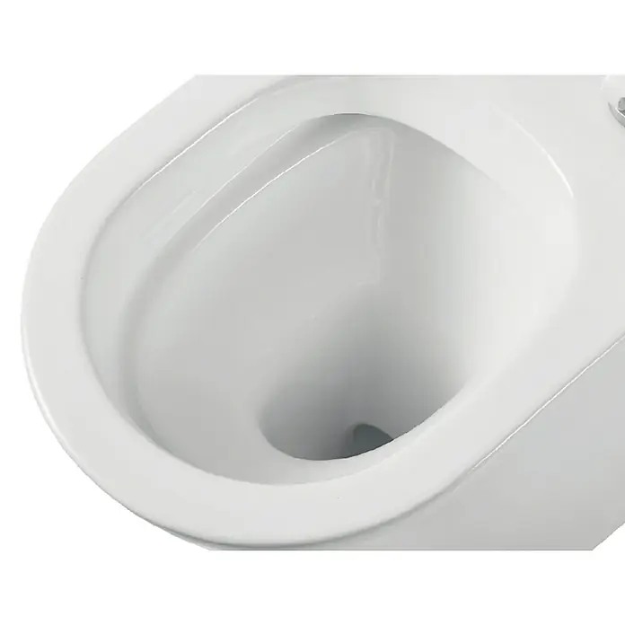 Artysan Pack de WC Inter 3 - Sin borde de descarga, Salida dual, Blanco - Primer plano de un inodoro de cerámica blanca que muestra un diseño limpio y moderno. Ideal para accesorios de baño y productos sanitarios.