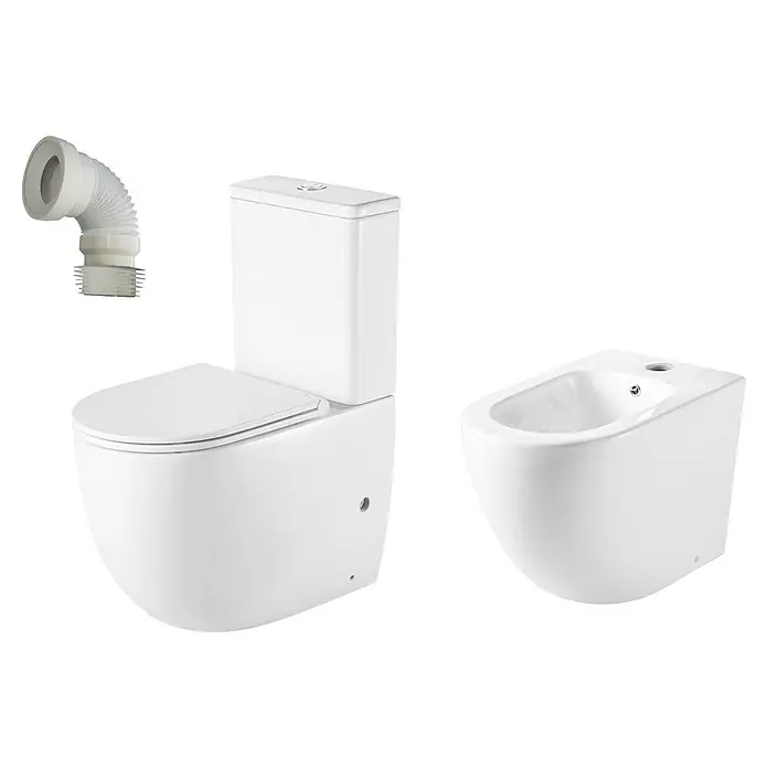 Artysan Pack de WC y bidé Inter 3 - Sin borde de descarga, Salida dual, Blanco - Un inodoro blanco de pie con cisterna, un bidé y un tubo de desagüe flexible. Elementos sanitarios para el baño moderno.