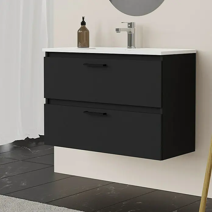 Artysan Conjunto de mueble de baño Palma 2C - Ancho: 80 cm, Negro, 3 pzs. - Mueble de baño con dos cajones, lavabo y grifo. Diseño moderno en blanco y negro para baños elegantes.