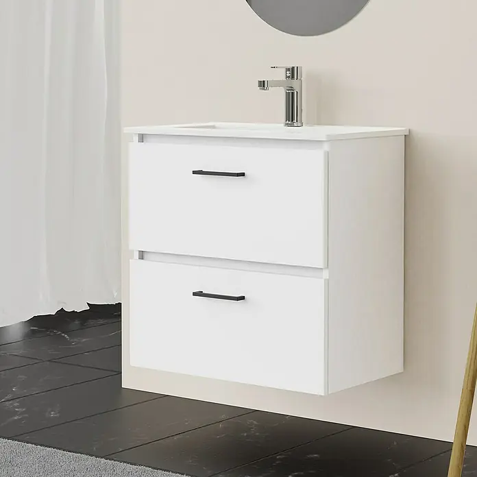 Artysan Conjunto de mueble de baño Palma 2C - Ancho: 60 cm, Blanco, 3 pzs. - Mueble de baño con dos cajones y tirador negro, lavabo y grifo. Ideal para un diseño de baño moderno.