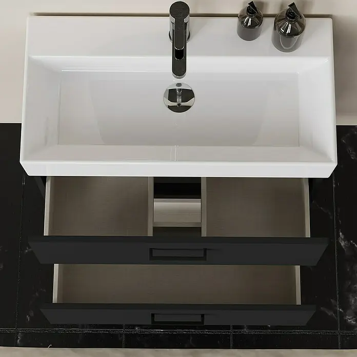 Artysan Conjunto de mueble de baño Palma 2C - Ancho: 70 cm, Negro, 3 pzs. - Mueble de lavabo con sistema de cajones abiertos. El diseño moderno ofrece amplio espacio de almacenamiento para tus accesorios de baño.