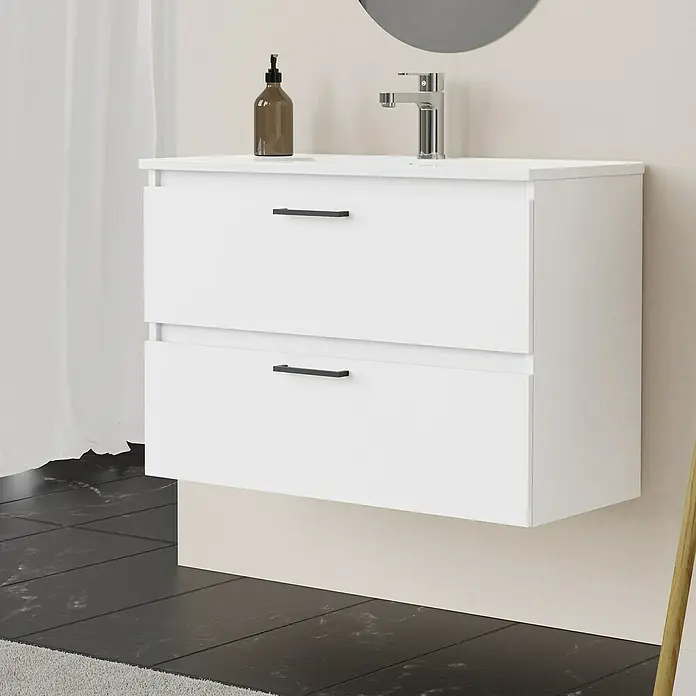 Artysan Conjunto de mueble de baño Palma 2C - Ancho: 80 cm, Blanco, 3 pzs. - Un moderno mueble de baño blanco con dos cajones y tiradores negros, perfecto para cualquier baño. El mueble es de pared y tiene un aspecto muy elegante.