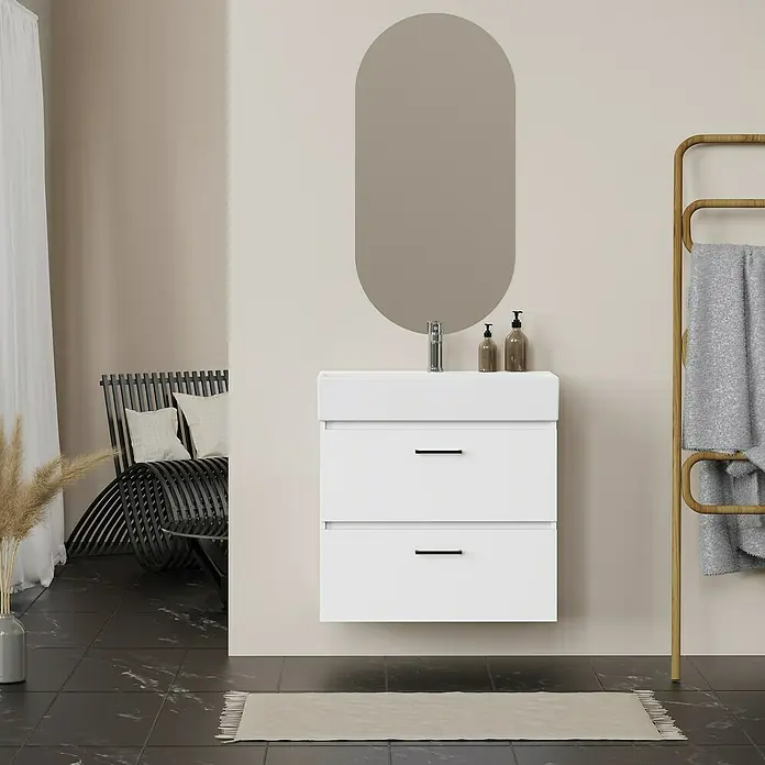 Artysan Conjunto de mueble de baño Palma 2C - Ancho: 70 cm, Blanco, 3 pzs. - Un tocador de baño moderno blanco con un espejo ovalado arriba. El toallero y las decoraciones completan el diseño elegante.