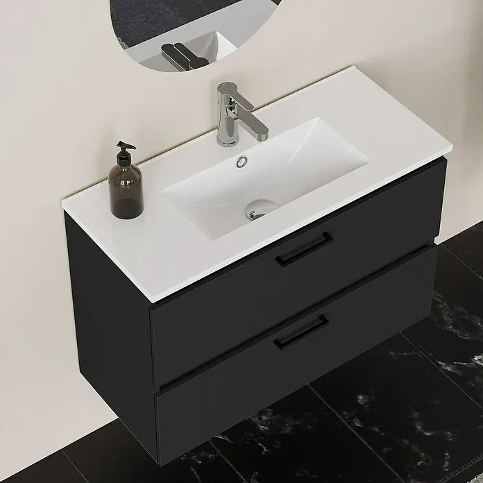 Artysan Conjunto de mueble de baño Palma 2C - Ancho: 80 cm, Negro, 3 pzs. - Mueble de baño con armario negro y lavabo de encimera blanco, completo con grifo y dispensador de jabón.