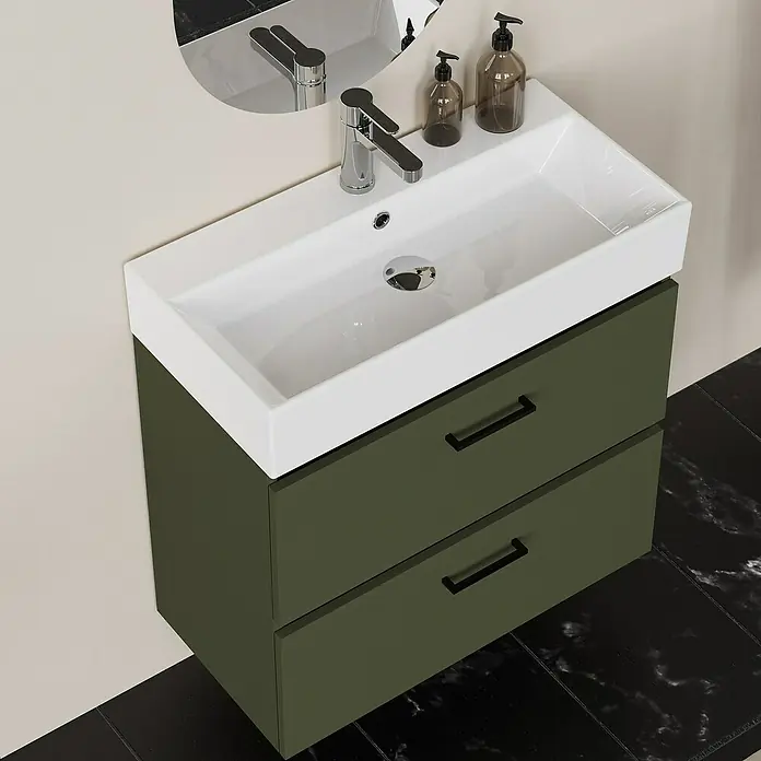 Artysan Conjunto de mueble de baño Palma 2C - Ancho: 70 cm, Verde olivo, 3 pzs. - Mueble de baño moderno con un armario verde oliva y un lavabo blanco. Los azulejos de mármol negro completan el diseño.