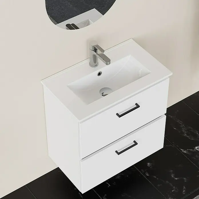 Artysan Conjunto de mueble de baño Palma 2C - Ancho: 60 cm, Blanco, 3 pzs. - Un elegante lavabo blanco con dos cajones, combinado con un grifo moderno y tiradores negros, ideal para un baño con diseño moderno.
