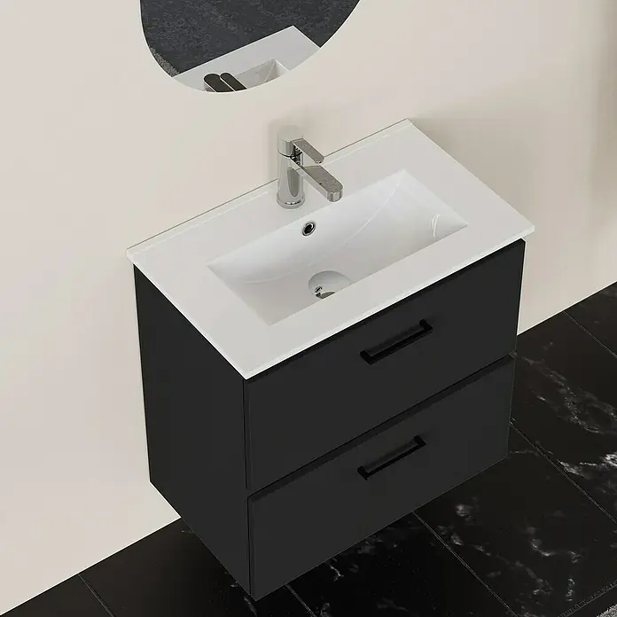 Artysan Conjunto de mueble de baño Palma 2C - Ancho: 60 cm, Negro, 3 pzs. - Un mueble de baño moderno con lavabo y dos cajones, perfecto para baños con estilo.