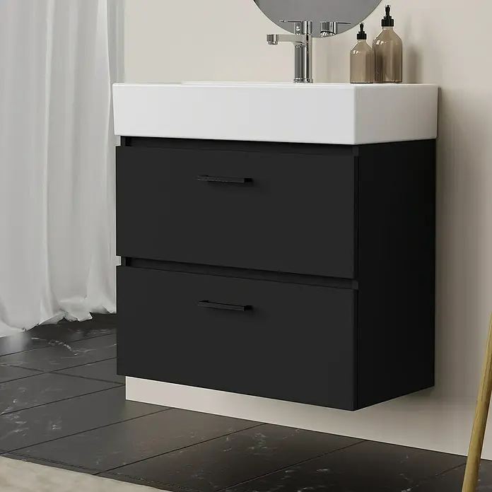 Artysan Conjunto de mueble de baño Palma 2C - Ancho: 70 cm, Negro, 3 pzs. - Lavabo moderno con mueble negro con dos cajones para un baño elegante.