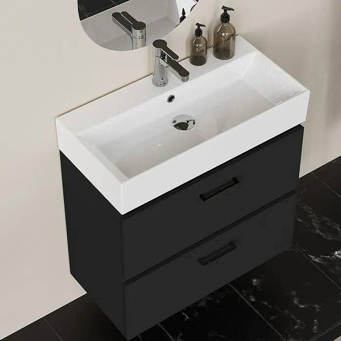 Artysan Conjunto de mueble de baño Palma 2C - Ancho: 70 cm, Negro, 3 pzs. - Elegante lavabo de baño con mueble negro y dos cajones, que combina diseño moderno con funcionalidad.