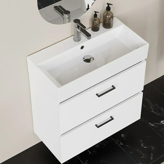Artysan Conjunto de mueble de baño Palma 2C - Ancho: 70 cm, Blanco, 3 pzs. - Unidad de tocador blanca con dos cajones, lavabo moderno con grifo y dispensadores de jabón en un elegante suelo de baño.