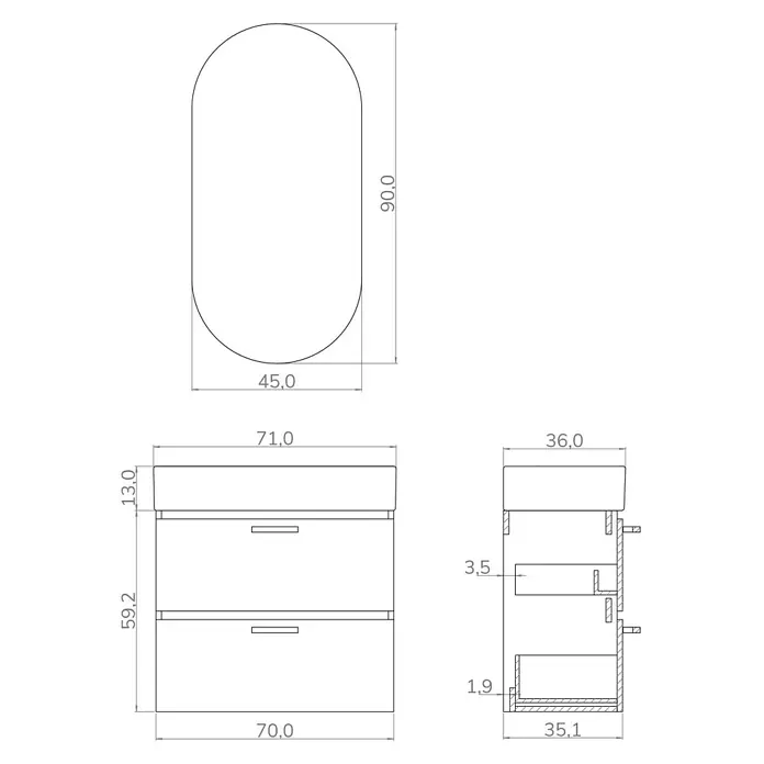 Artysan Conjunto de mueble de baño Palma 2C - Ancho: 70 cm, Negro, 3 pzs. - Dibujo de un mueble de baño con espejo y cajones, con dimensiones que detallan las medidas del producto.