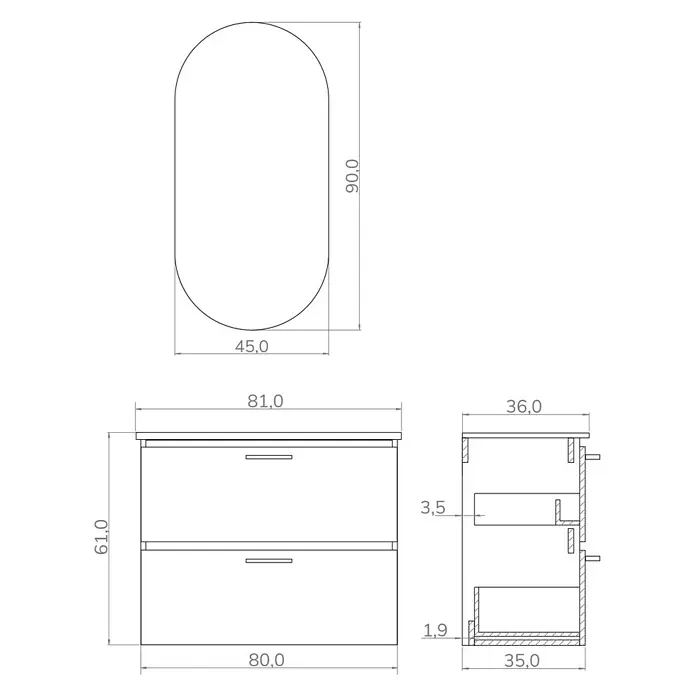 Artysan Conjunto de mueble de baño Palma 2C - Ancho: 80 cm, Roble, 3 pzs. - Dibujo técnico de un mueble de baño con lavabo y cajones, dimensiones en centímetros.
