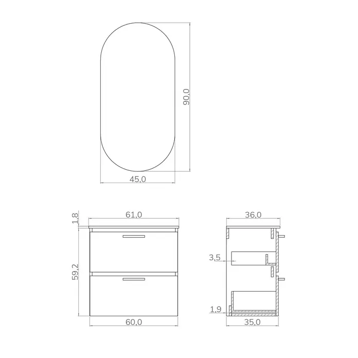 Artysan Conjunto de mueble de baño Palma 2C - Ancho: 60 cm, Roble, 3 pzs. - Diseño de producto sanitario con mueble de lavabo, cajones y espejo para baño moderno.