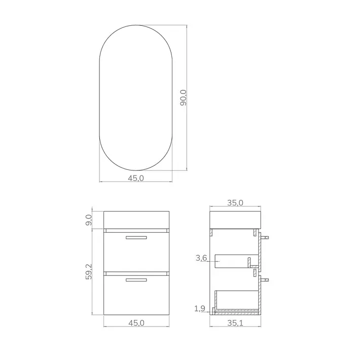 Artysan Conjunto de mueble de baño Palma 2C - Ancho: 45 cm, Negro, 3 pzs. - Dibujo técnico de un mueble de baño con lavabo y dos cajones con medidas precisas.
