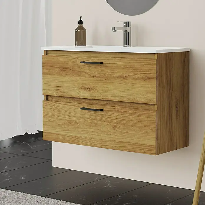 Artysan Conjunto de mueble de baño Palma 2C - Ancho: 80 cm, Roble, 3 pzs. - Moderno mueble de baño de madera con dos cajones, perfecto para un baño elegante.