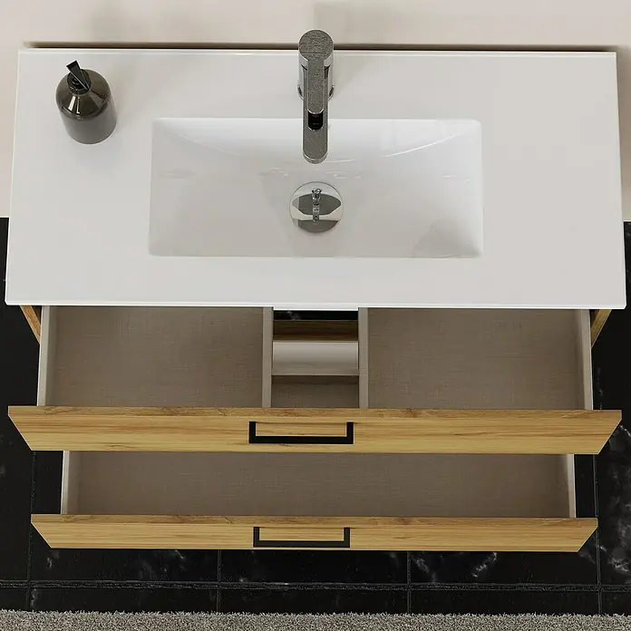 Artysan Conjunto de mueble de baño Palma 2C - Ancho: 80 cm, Roble, 3 pzs. - Vista superior de un moderno tocador con cajones de madera abiertos y un elegante lavabo.